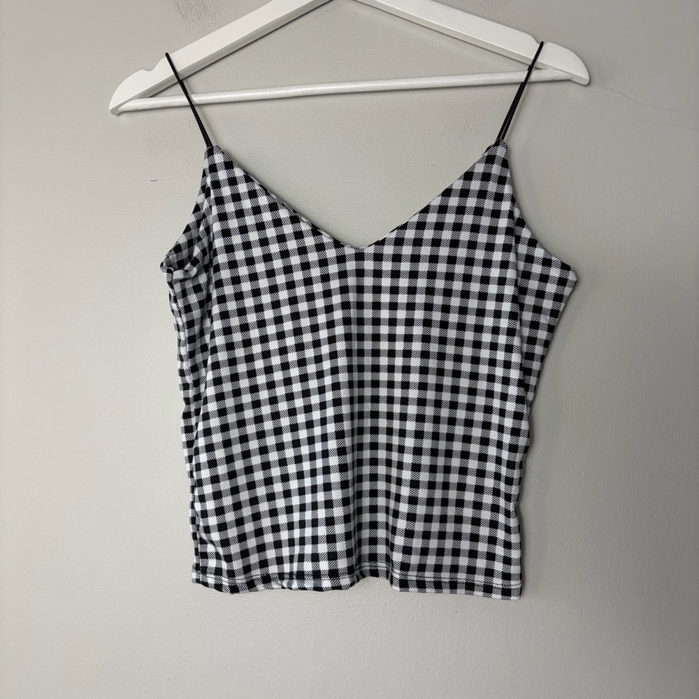 Gaze Spaghetti Strap White and Black Checked Crop Top Women's Large